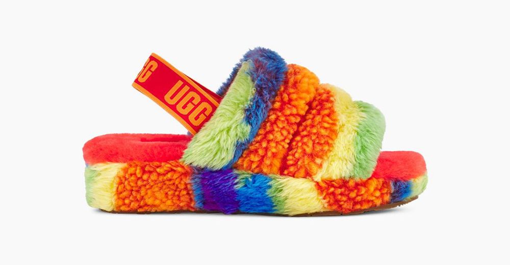 Ugg Fluff Yeah Cali Collage - Mens Slides - Rainbow Stripes - NZ (3176QYILV)